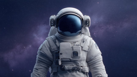 A solitary astronaut in a white suit stands against a mesmerizing cosmic background filled with stars and nebulae, symbolizing human adventure and exploration into the unknown.の素材