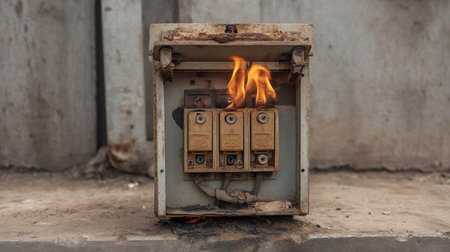 A close-up view of an electrical panel engulfed in flames, showcasing the risks associated with electrical malfunctions in an abandoned industrial area.の素材