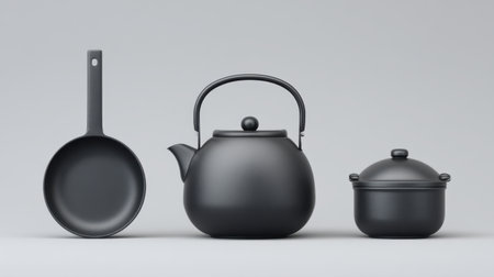 Discover a sleek matte black kitchenware set that includes a kettle, frying pan, and saucepan, perfect for modern culinary arts and stylish presentations.の素材
