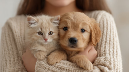 A heartwarming moment captured of a cute kitten and a playful puppy snuggled in a person's embrace, showcasing the joyful bond and affection shared between pets and their owners.の素材