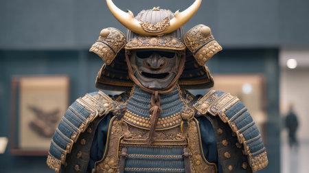 This striking image captures the intricate details of a samurai armor display, showcasing the rich history and craftsmanship of traditional Japanese culture in a museum setting.の素材