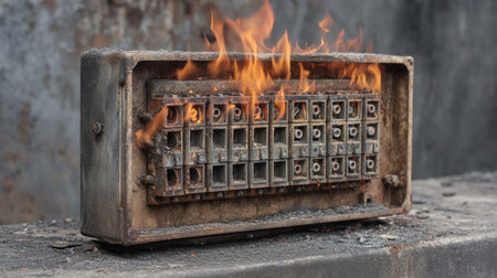 A captivating vintage industrial device engulfed in flames, showcasing the contrast of fire against rust and decay in an urban environment, evoking intense emotions.の素材