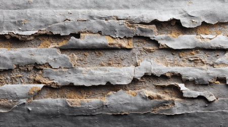 A close-up of a weathered wall shows peeling paint, revealing a textured gray surface beneath. The distressed layers create an earthy and rustic design element.の素材