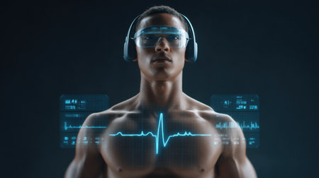 This image showcases a young man immersed in technology. He wears headphones and augmented reality glasses, while health metrics overlay displays capture his vital signs in real-time.の素材