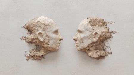 Captivating artwork featuring two human faces sculpted in plaster, emerging from a wall with intricate textures that evoke emotion and inspire a deeper connection to art.の素材