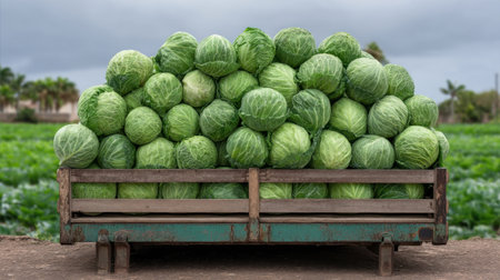 A wooden cart filled with freshly harvested green cabbages, showcasing the beauty of agriculture. The scene captures the essence of rural farming and natural produce.の素材