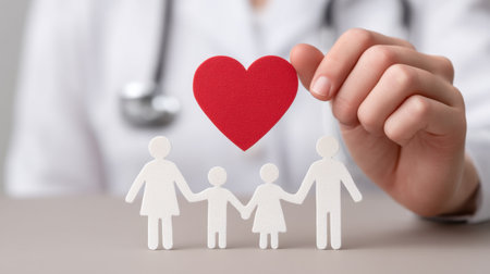 A doctor holds a red heart symbol above a family figure in a clinic, illustrating the essence of care, compassion, and health in family relationships.の素材