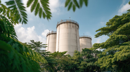 This image captures industrial storage tanks nestled among lush greenery under a clear blue sky, highlighting the balance between urban development and nature's beauty.の素材