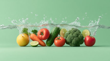 This vibrant arrangement features fresh fruits and vegetables splashing in water, showcasing nutrition and health against a green background, perfect for culinary themes.の素材