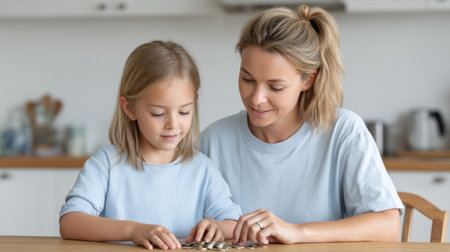 A heartwarming moment captures a mother and daughter enjoying a playful activity with coins in their cozy kitchen, highlighting the beauty of family bonding and togetherness.の素材