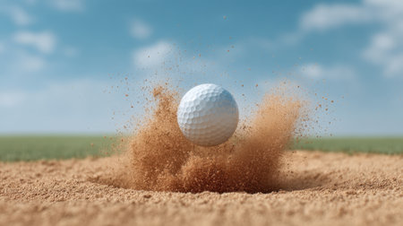 A dynamic shot of a golf ball rising from a sandy bunker under a blue sky, emphasizing the excitement and challenge of outdoor golf. Perfect for sports themes.の素材