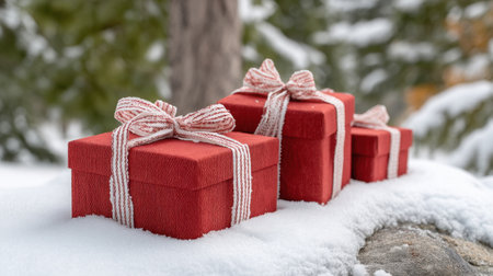 Three elegant red gift boxes with striped ribbons sit beautifully on snow, creating a warm and festive atmosphere amidst evergreen trees, perfect for holiday themes.の素材