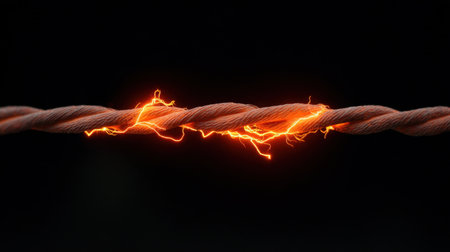 A close-up shot of a twisted rope featuring vibrant electric sparks, showcasing the dynamic contrast of energy against a dark background. Perfect for energy themes.の素材