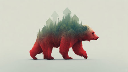 This artistic image blends a bear with a vibrant forest landscape, illustrating the harmony between wildlife and nature, perfect for conveying themes of conservation.の素材