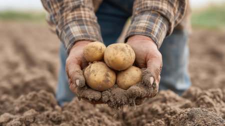 A farmer hands display freshly harvested potatoes, showcasing the hard work involved in agriculture. The earthy texture and vibrant produce reflect the essence of rural life.の素材