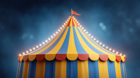 This vibrant circus tent features colorful stripes, bright lights, and a flag adorning its peak, creating a magical atmosphere for outdoor celebrations and events.の素材