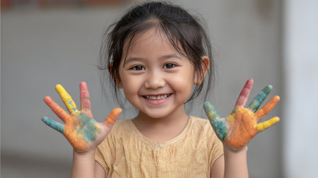 A joyful child displays her colorful painted hands, celebrating creativity and fun. This image captures the essence of playful learning and artistic exploration.の素材