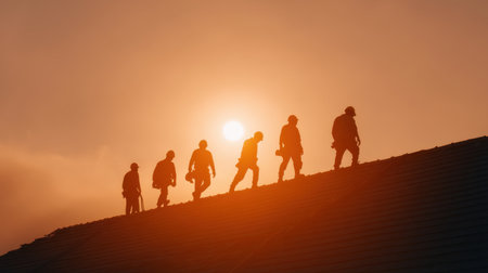 Workers are silhouetted against a stunning sunset, showcasing teamwork and dedication as they navigate a roof with tools and safety gear in the construction industry.の素材