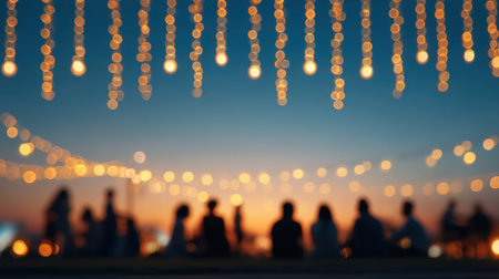 A breathtaking outdoor evening scene capturing silhouettes of people enjoying a warm sunset, surrounded by glowing lights, creating a joyful and relaxed atmosphere.の素材