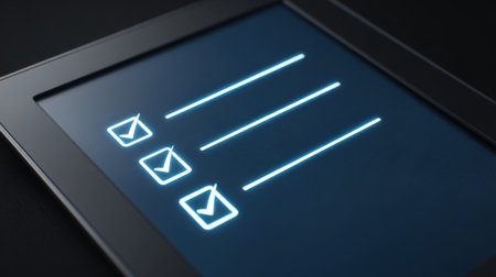 A modern digital checklist displayed on a sleek screen, featuring glowing checkmarks and lines for user input, perfect for productivity and task management.の素材
