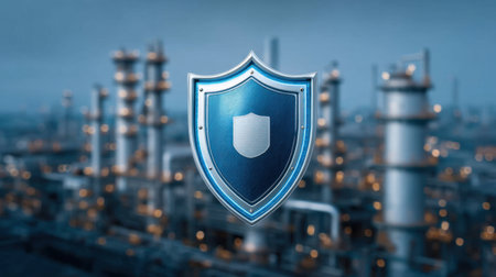 This image features a digital shield symbolizing security and safety over an industrial background, emphasizing the importance of protection in manufacturing environments.の素材