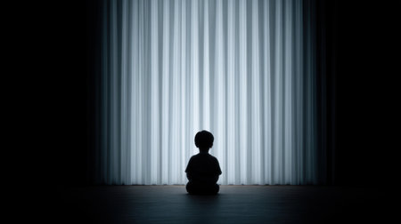 A serene image of a child in silhouette sitting quietly in front of sheer curtains, allowing soft natural light to create a moment of solitude and reflection.の素材