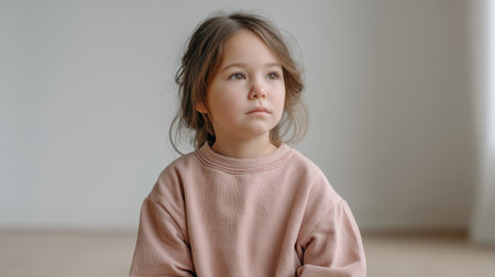 A serene portrait of a thoughtful young girl sitting in a bright, minimalist room, captured in soft natural light, showcasing innocence and calm emotions.の素材