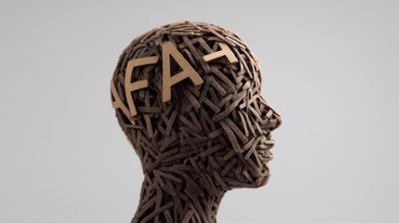 This artistic sculpture features a human head crafted from intertwined wooden strips and letters, expressing the complexity of human thoughts and creativity in a modern art form.の素材
