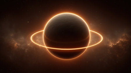 Explore a breathtaking cosmic scene showcasing a ringed planet illuminated by ethereal lighting effects within a dark nebula, surrounded by distant stars.の素材