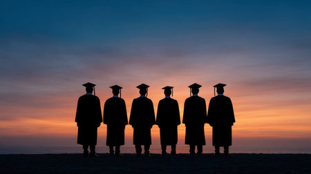 A group of graduates stands in silhouette against a vibrant sunset at the beach, embodying the spirit of achievement and new beginnings in their academic attire.の素材