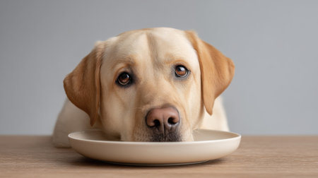 A charming yellow Labrador dog rests its head on an empty plate, looking attentively at the camera, capturing the essence of companionship and playful longing for food.の素材