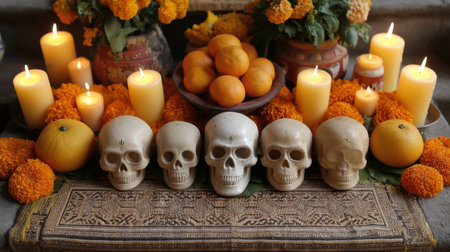 A vibrant altar displays skulls and oranges, surrounded by marigolds and glowing candles, representing life and death in a colorful cultural celebration.の素材