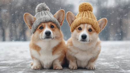 Two charming corgis in colorful knitted hats sit together in a snowy outdoor setting, capturing the essence of winter joy and friendship.の素材