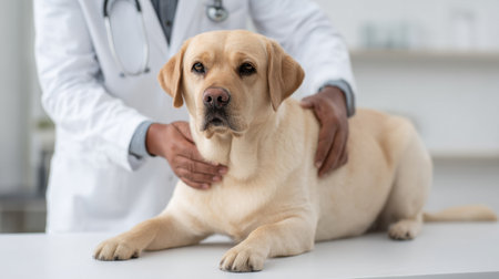 A caring veterinarian gently examines a healthy Labrador retriever dog in a modern clinic. The professional setting emphasizes compassion and pet health.の素材