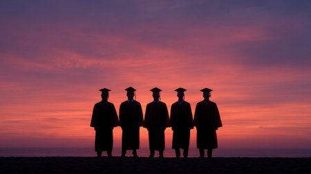 A striking silhouette of five graduates wearing caps and gowns stands together against a breathtaking sunset, symbolizing achievement and new beginnings.の素材