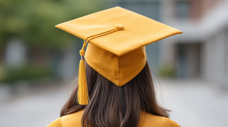 A back view of a proud graduate wearing a yellow cap and gown, standing outdoors in a cheerful setting, symbolizing achievement and optimism for the future.の素材
