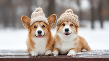 Two charming corgis wearing stylish knitted hats pose together on a cold winter day, radiating joy and companionship amidst a snowy backdrop.の素材
