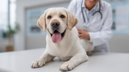 A loyal Labrador Retriever relaxes at a veterinary clinic, receiving professional care from a veterinarian. Bright, clean environment emphasizes animal health and wellbeing.の素材