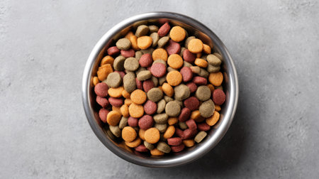A vibrant mix of colorful pet kibble sits in a metal bowl on a textured gray surface, showcasing perfect nutrition for dogs and cats, ideal for pet care and wellness photography.の素材
