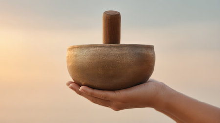 A stunning wooden bowl cradled in a hand, showcasing artistry and elegance against a gentle sunrise background that evokes feelings of calm and serenity.の素材