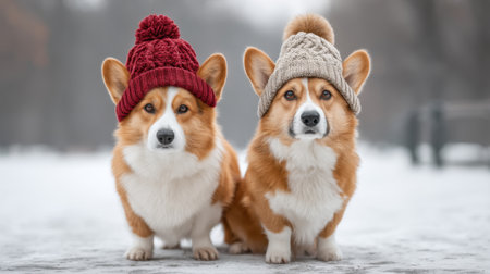 Two charming corgis donning stylish winter hats sit in a snowy landscape, exuding warmth and joy, perfect for winter-themed pet imagery and celebrations.の素材