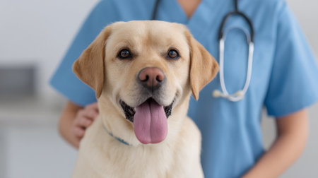 A cheerful Labrador dog happily poses with its tongue out at a veterinary clinic, showcasing the nurturing bond between animals and caregivers in a professional setting.の素材