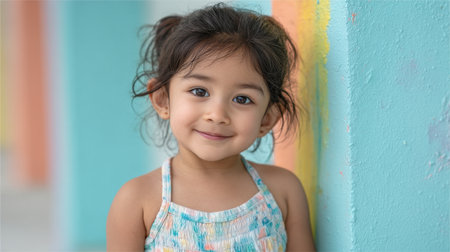 A portrait of a delightful young girl with a charming smile, embodying innocence and joy, captured in a vibrant, colorful setting that enhances her playful spirit.の素材