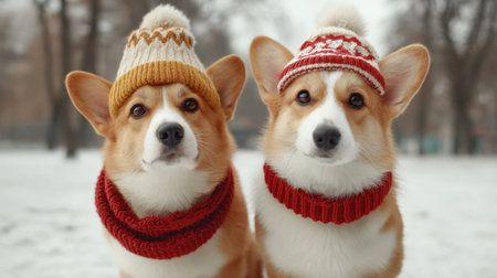 Two cute corgis express joy in winter attire, showcasing their playful personalities against a snowy backdrop. Perfect for capturing winter happiness and companionship.の素材