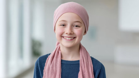 A cheerful young girl with a pink headscarf and blue sweater exudes positivity and resilience. This image captures the spirit of hope and support in challenging times.の素材