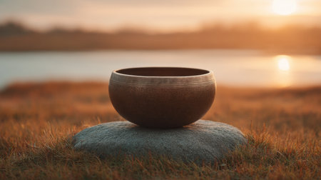 A handcrafted bowl placed gracefully on a rock amidst soft grass at sunset, embodying tranquility and natural beauty near a calm water body, ideal for peaceful moments.の素材