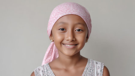 A charming portrait of a young girl wearing a pink headscarf. Her warm smile and expressive eyes convey joy and confidence against a soft, neutral background.の素材