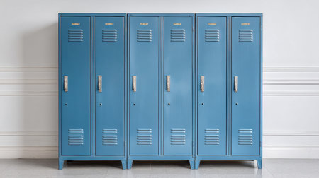 A row of blue metal lockers stands in a minimalist school hallway, showcasing clean lines and an organized design. The soft lighting enhances the neat appearance.の素材