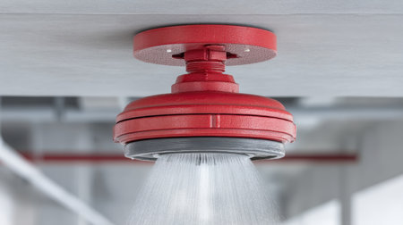 This image features a red fire sprinkler system mounted on the ceiling, symbolizing essential fire safety measures in industrial settings for emergency protection.の素材