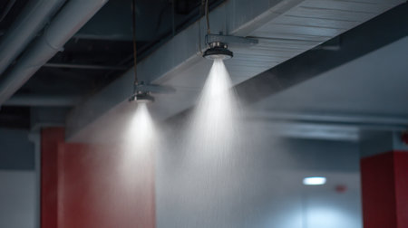 Contemporary fire sprinkler system in a commercial warehouse, showcasing soft water mist and robust infrastructure for enhanced safety and emergency management protocols.の素材